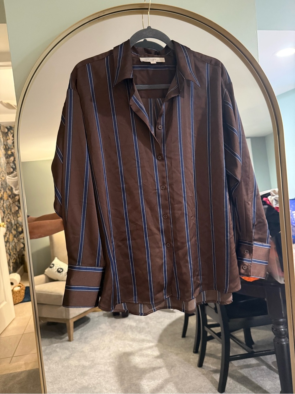 LOFT Brown Button-Up Blouse with Blue Stripes